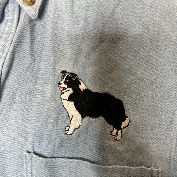 Three rivers 2000 embroidered border collie button down denim shirt - Picture 2 of 5